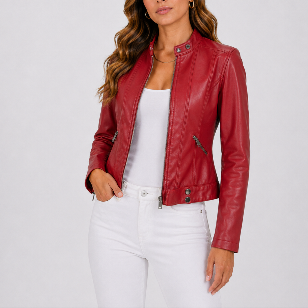 Red leather jacket with zip pockets and button closure, worn over white top and white pants
