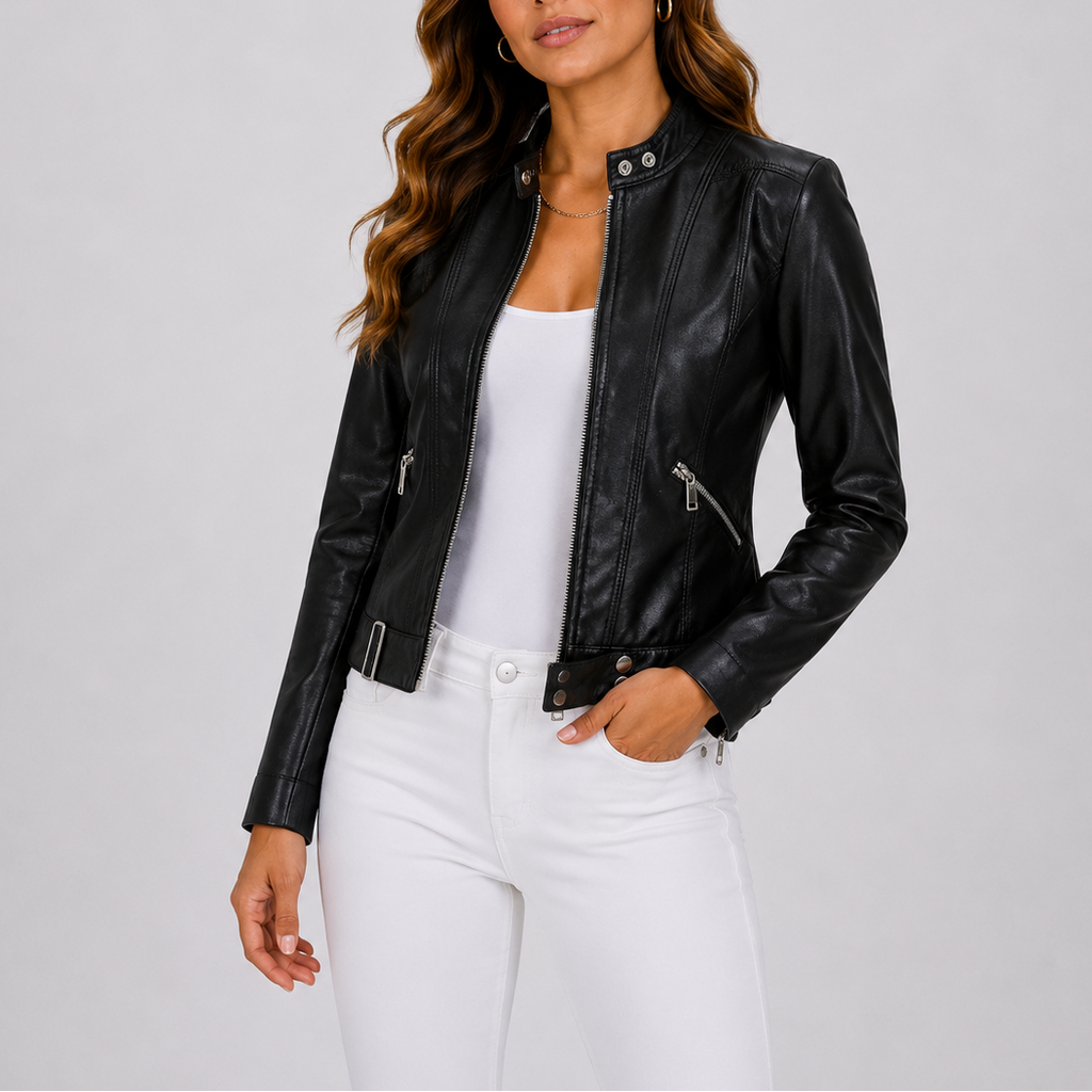 Woman wearing black leather jacket with zip pockets and white undershirt, paired with white pants