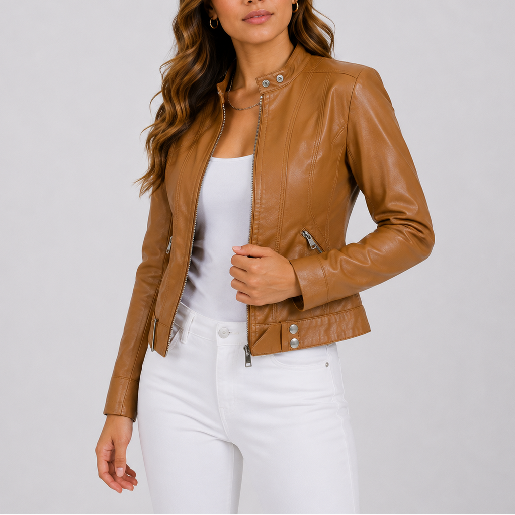Woman wearing tan brown leather jacket with zip pockets and silver hardware over white tank top and white pants