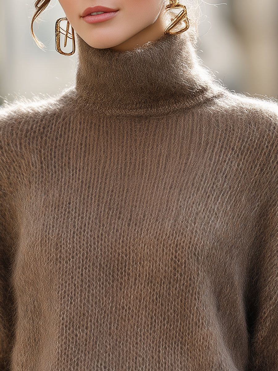 Woman wearing oversized taupe mohair-blend turtleneck sweater with textured knit, paired with gold geometric earrings
