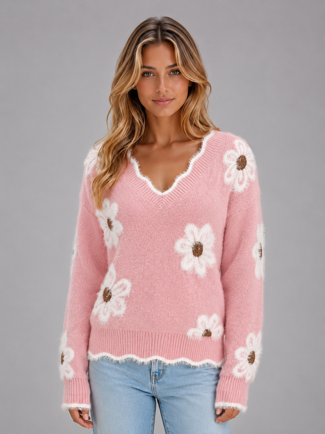 Woman wearing pink knit v-neck pullover sweater with white daisy flower pattern and light wash jeans