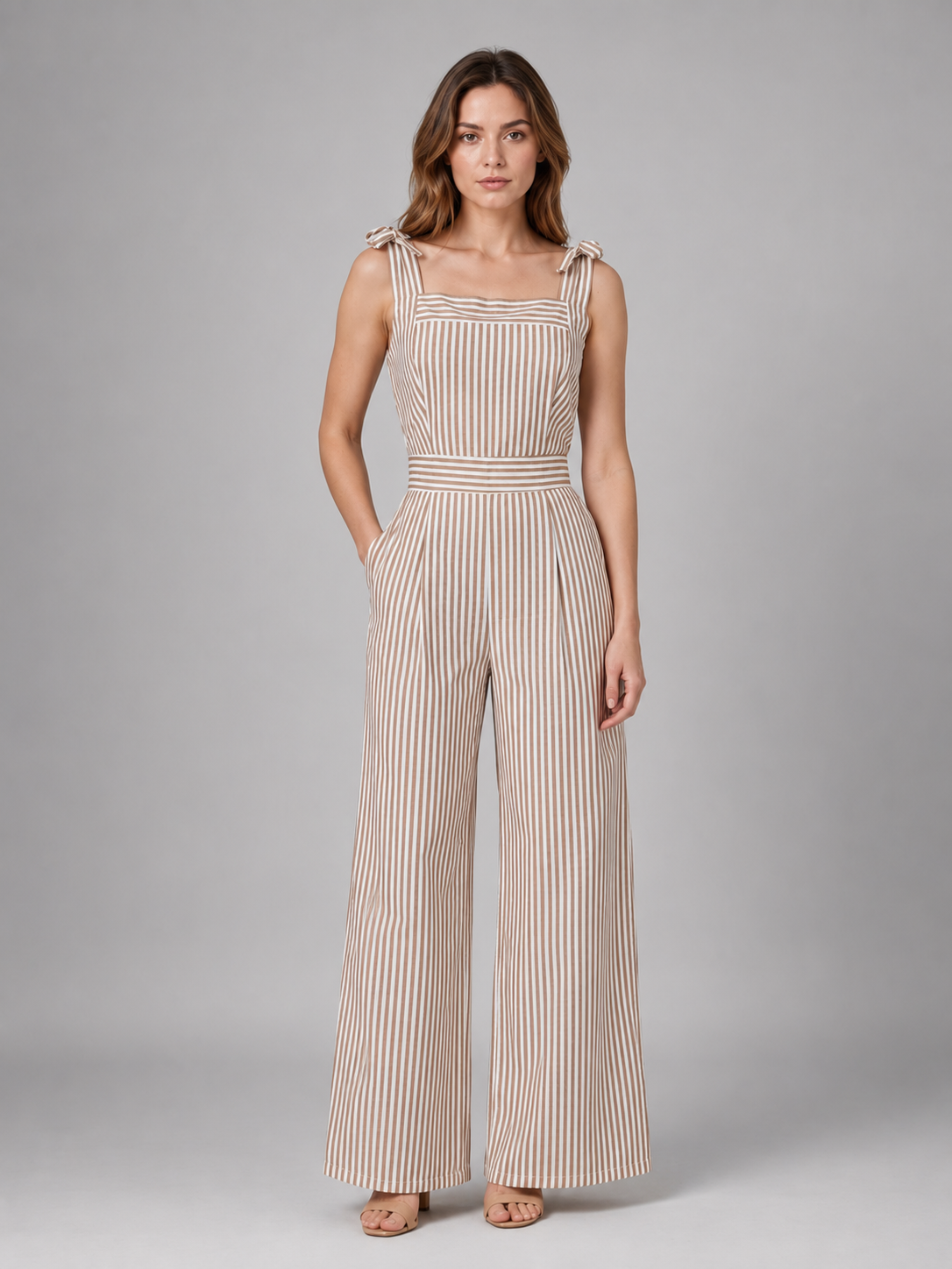 Woman wearing beige and white vertical striped sleeveless jumpsuit with tie shoulders and wide leg pants