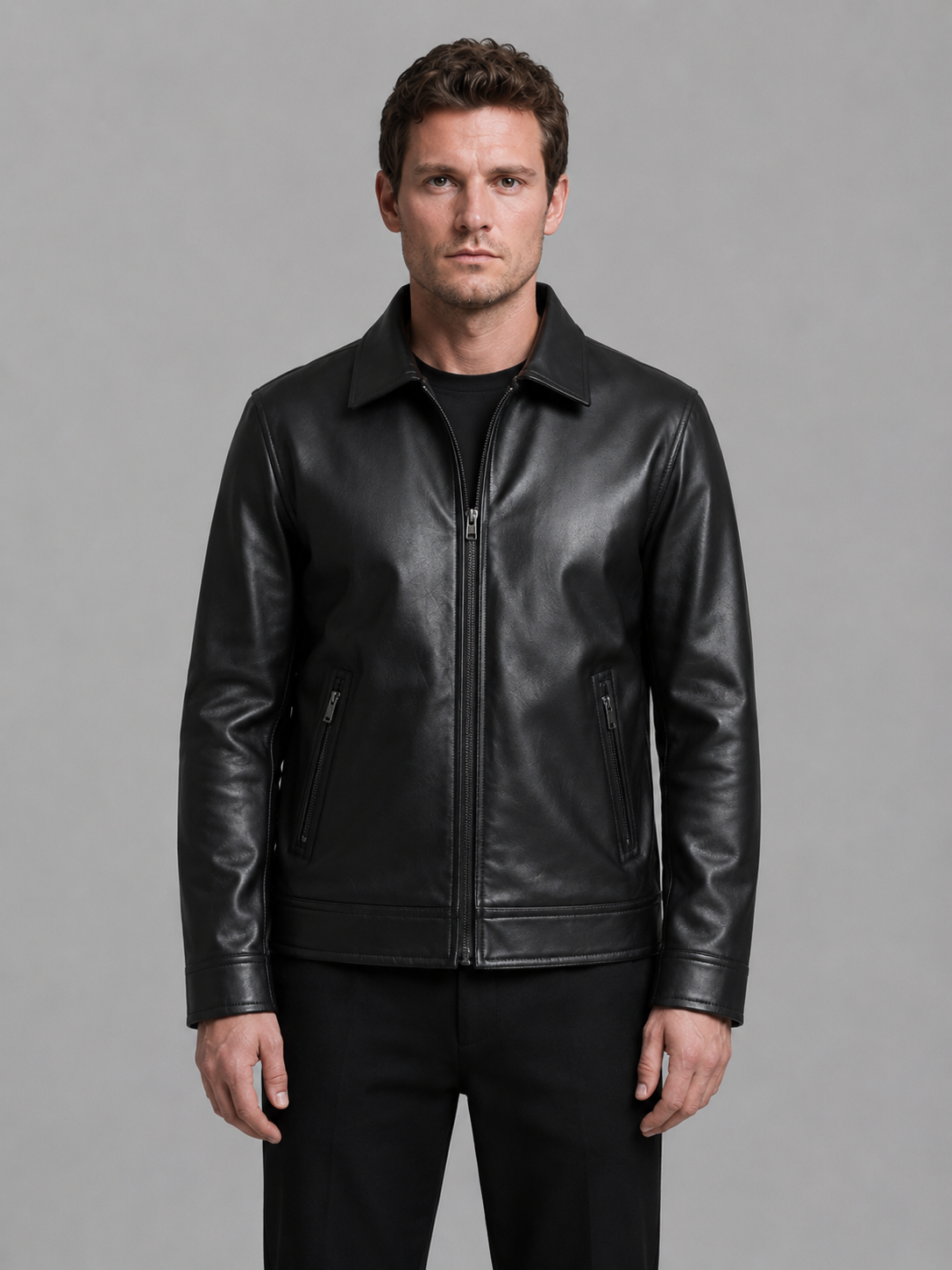 Man wearing black leather look jacket with zip pockets and collar over black shirt and pants