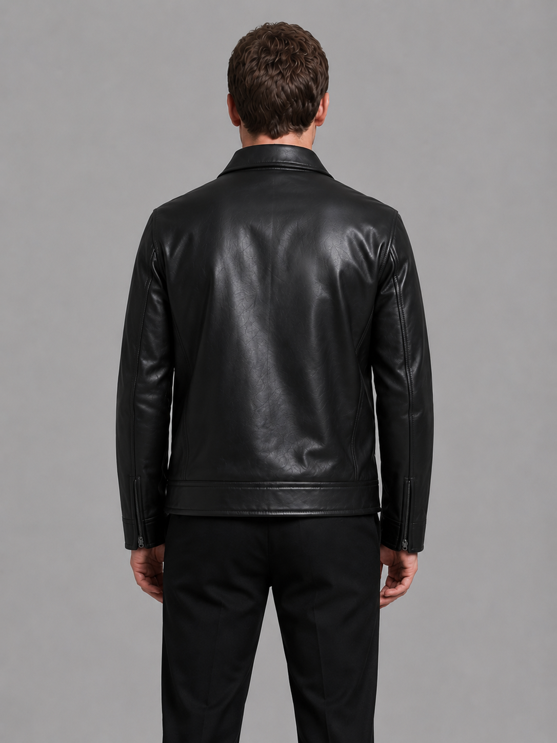 Man wearing black leather look jacket with zip pockets and collar, shown from behind, paired with black pants