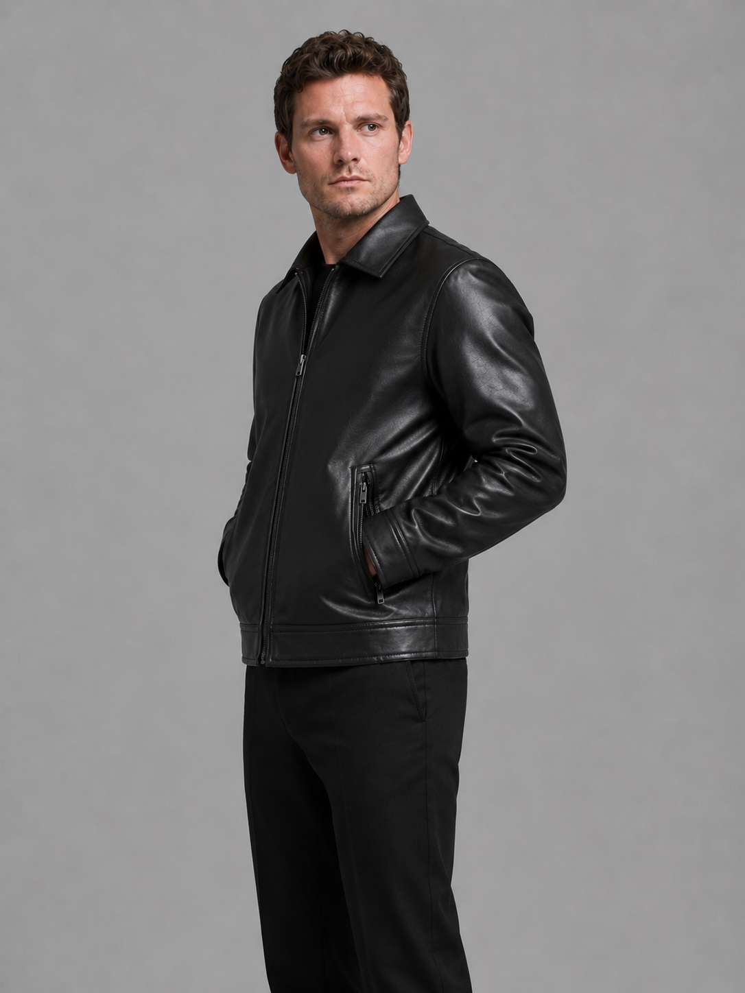 Man wearing black leather zip-up jacket with collar and zip pockets, styled with black pants against gray background