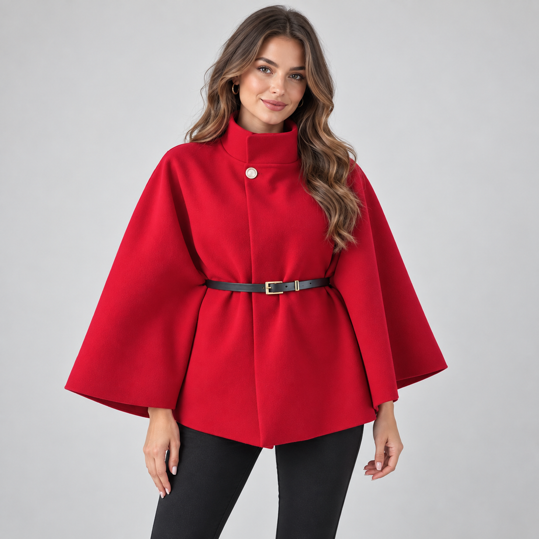 Woman wearing red high neck belted cape coat with black pants and hoop earrings against gray background