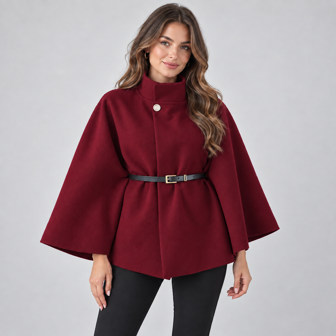 Woman wearing burgundy high neck belted cape coat with black pants and hoop earrings against white background