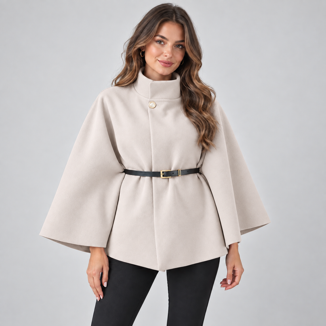 Woman wearing cream high neck belted cape coat with black belt and gold buckle over black pants