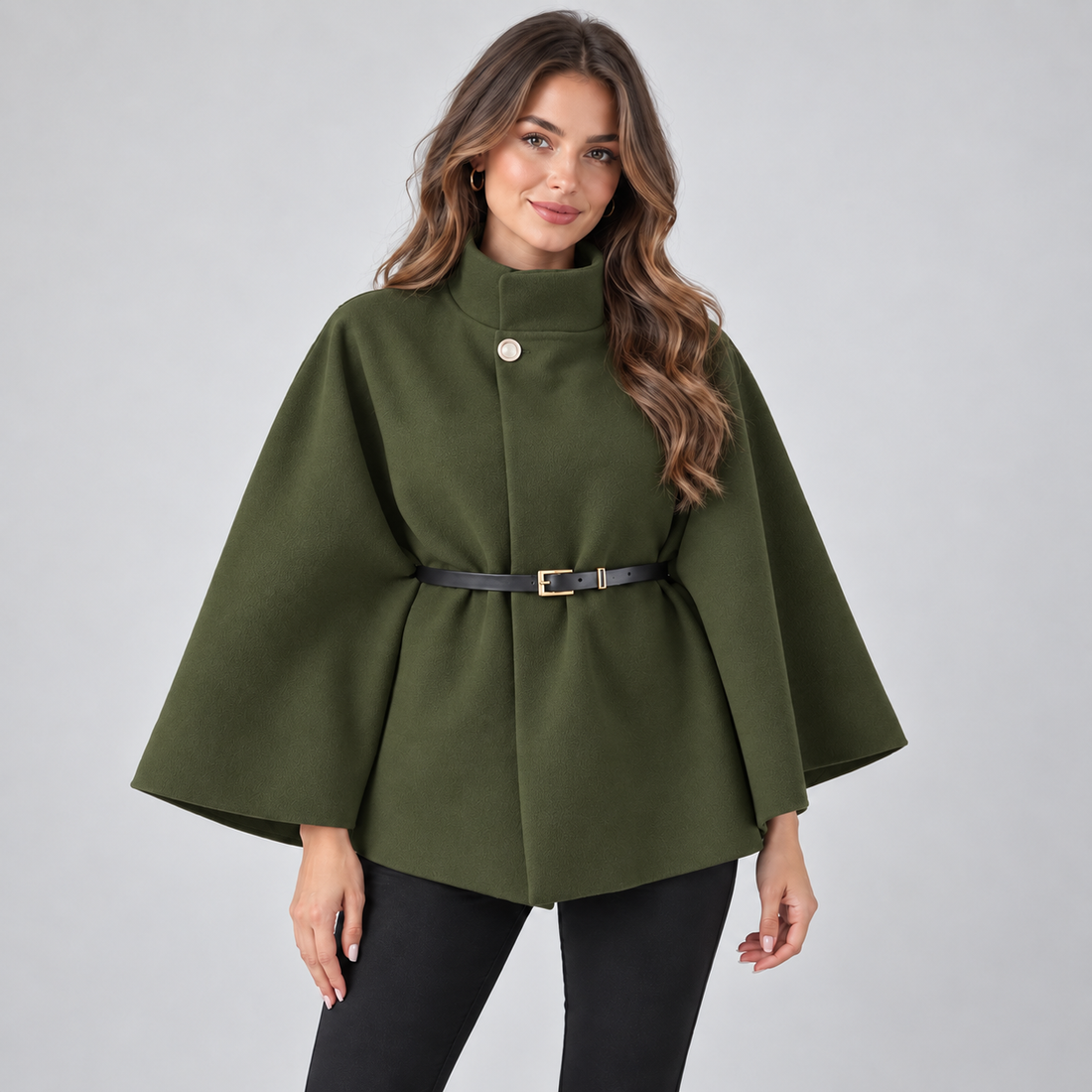 Woman wearing olive green high neck belted cape coat with three-quarter sleeves and black belt, styled with black pants