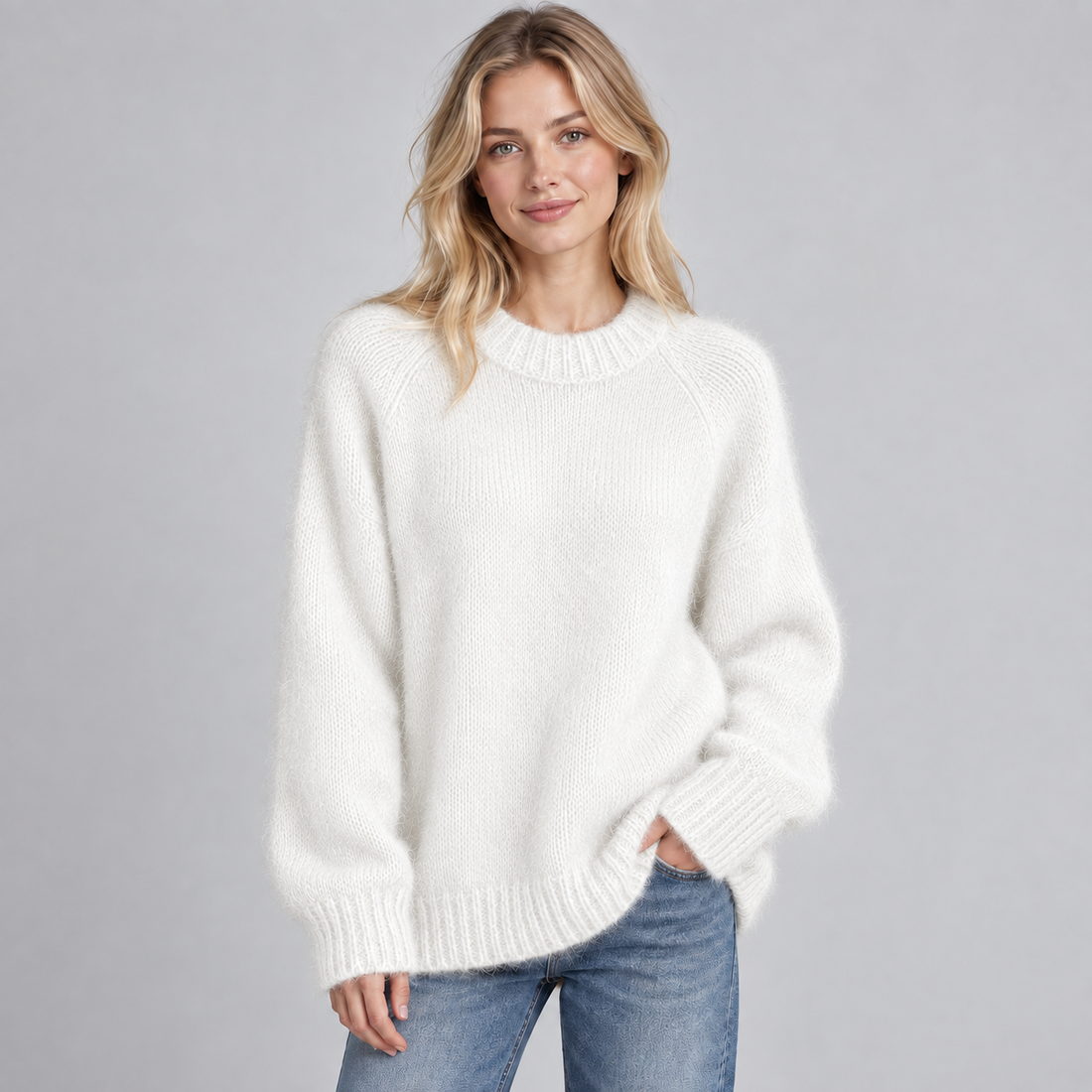 Woman wearing cream white round neck fluffy knit jumper with ribbed cuffs and hem, paired with blue jeans against gray background