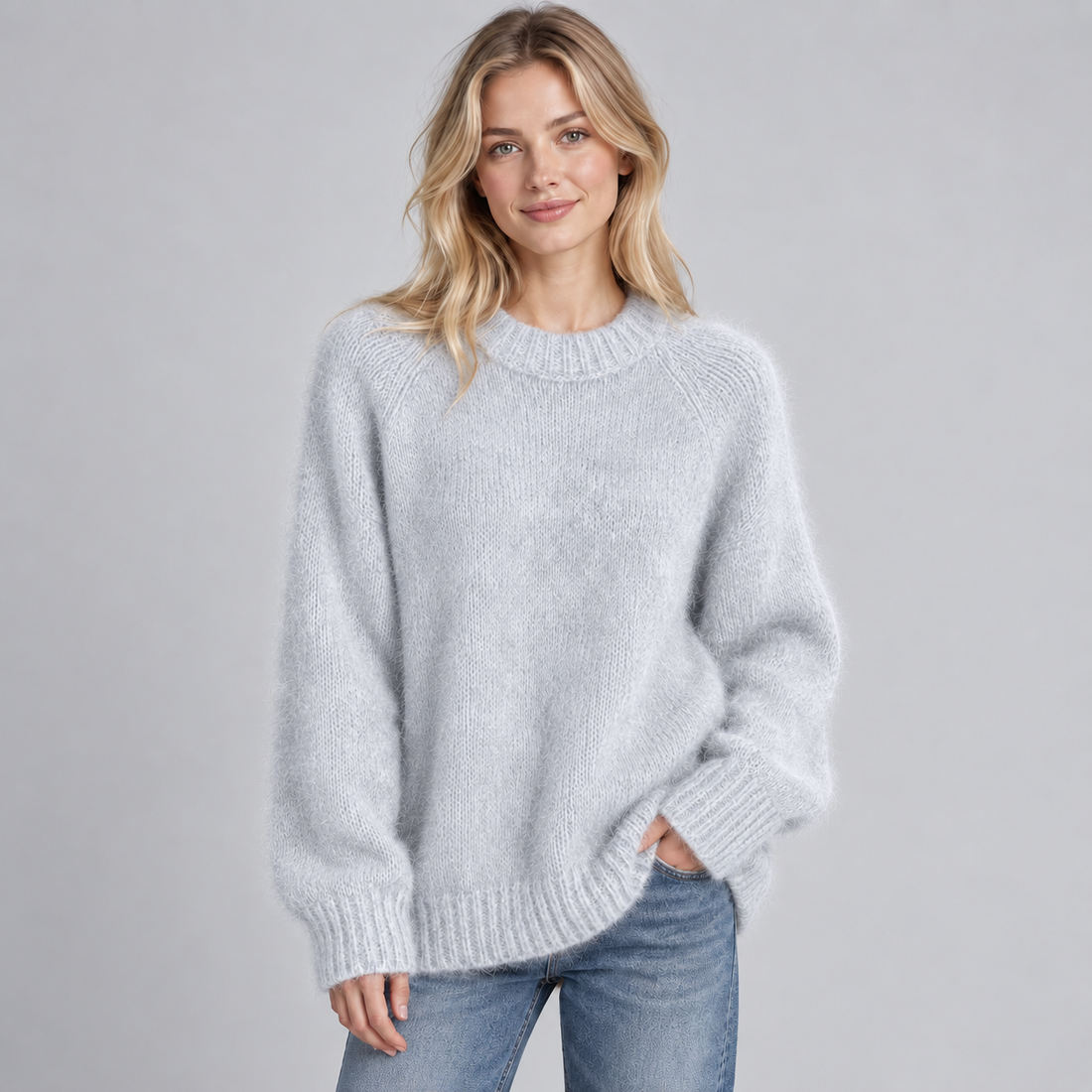 Woman wearing light gray round neck fluffy knit jumper with raglan sleeves and ribbed cuffs, paired with blue jeans