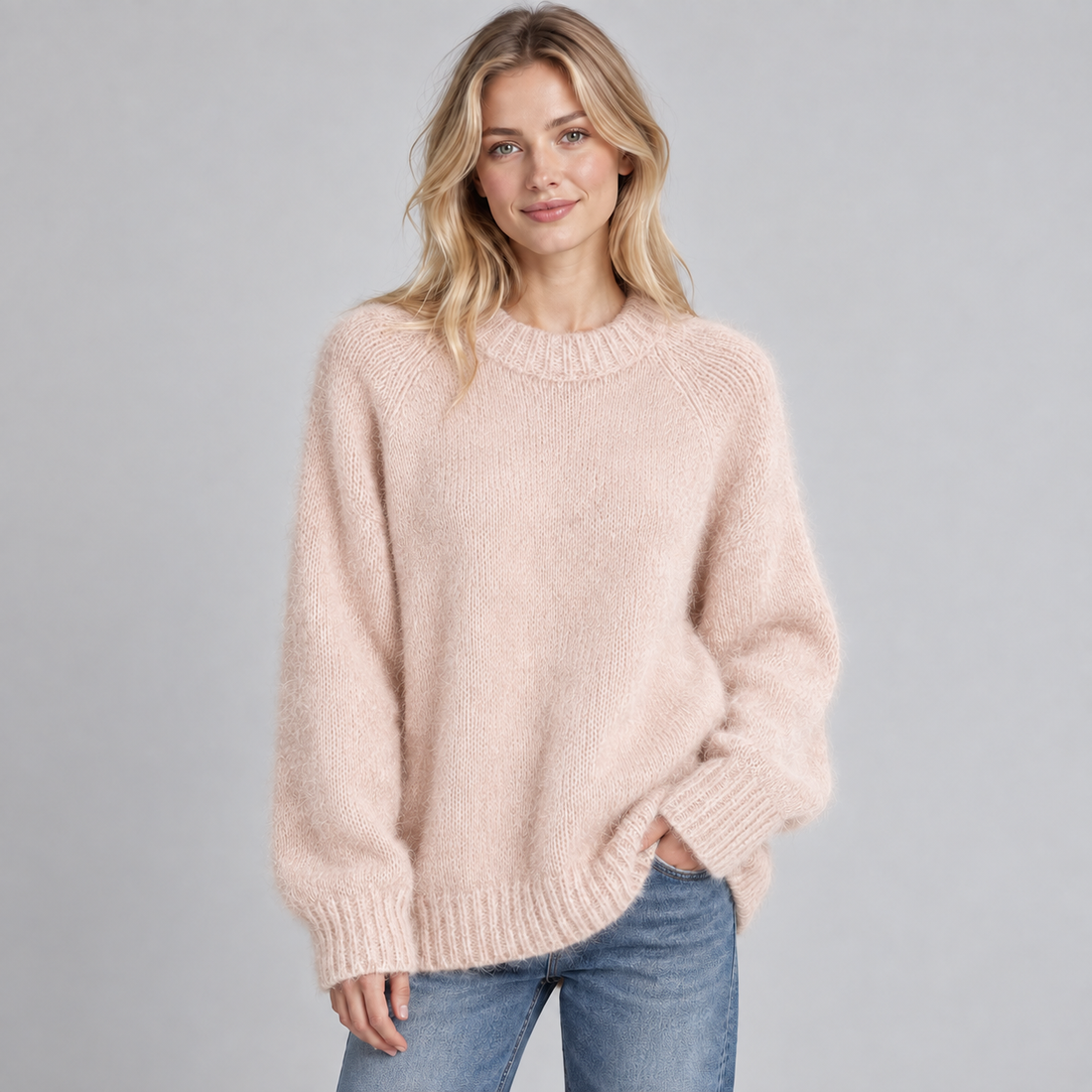 Woman wearing a light pink round neck knit jumper with ribbed cuffs and hem, styled with blue jeans