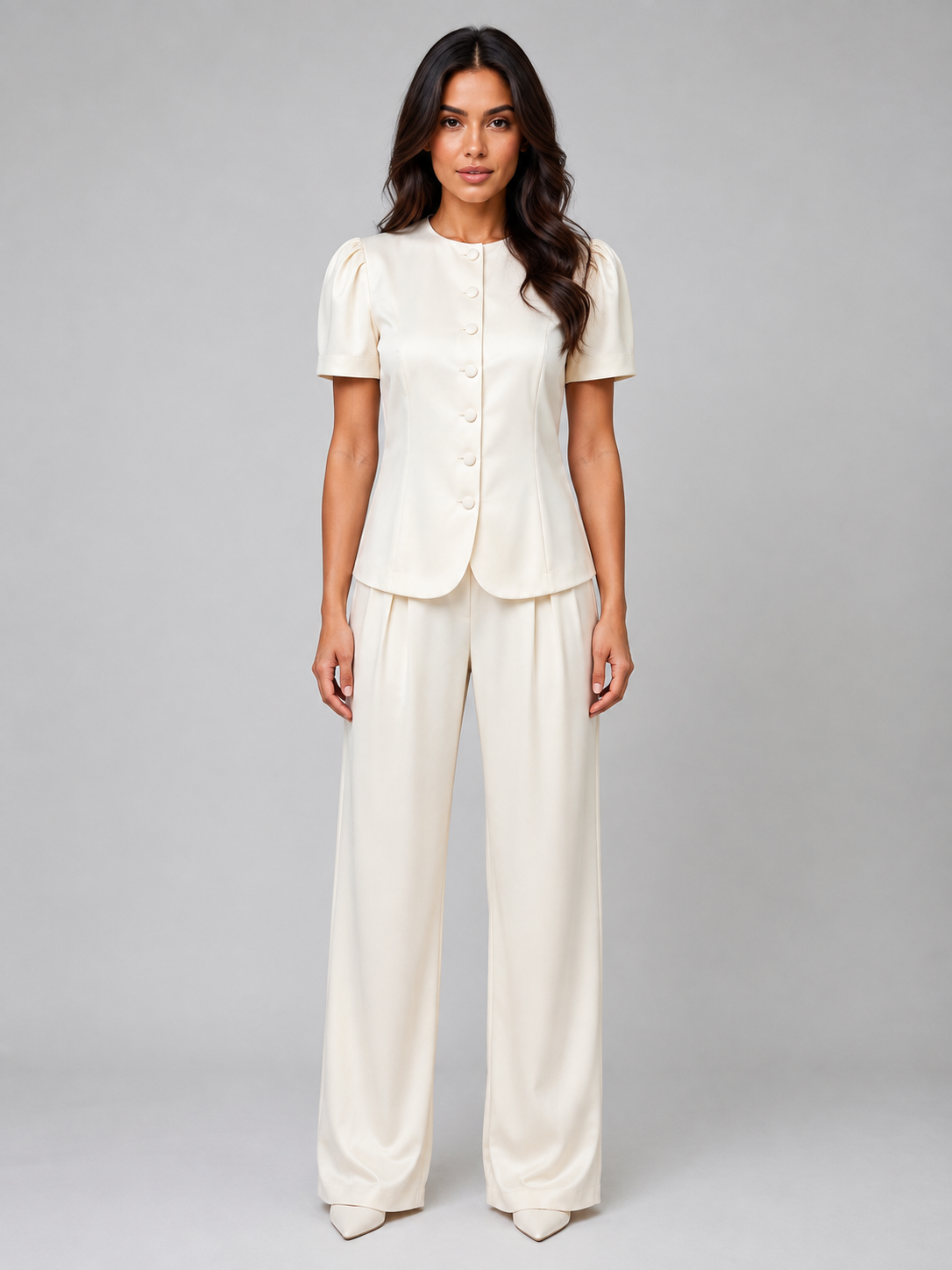 Woman wearing cream short sleeve button-up blazer with matching wide leg trousers, styled as a two-piece suit set