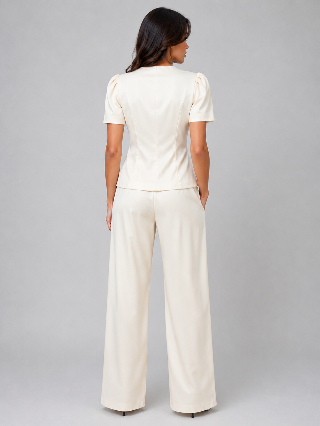 Woman wearing cream short sleeve blazer and wide leg trousers suit set, back view, gray background