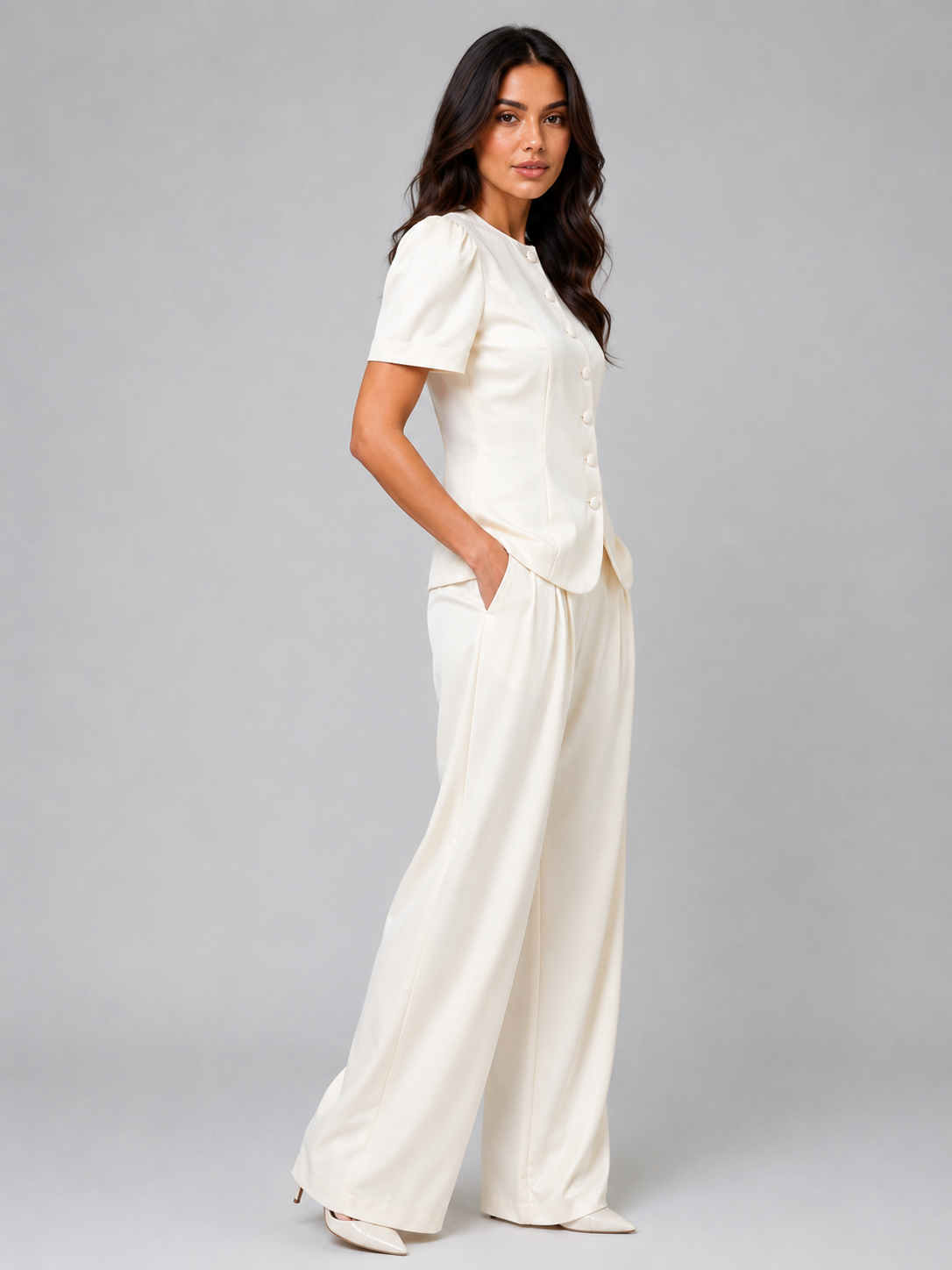 Woman wearing cream short sleeve blazer with button front and matching cream wide leg trousers with pockets