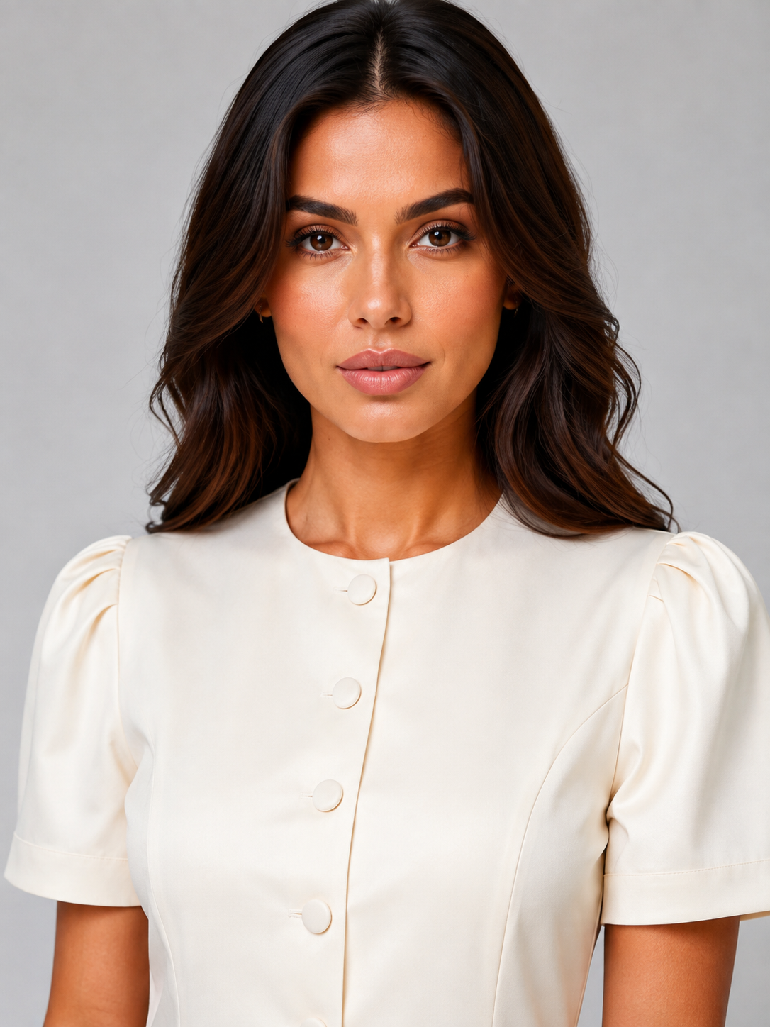 Woman wearing cream short sleeve blazer with puffed sleeves and button front, professional business suit style