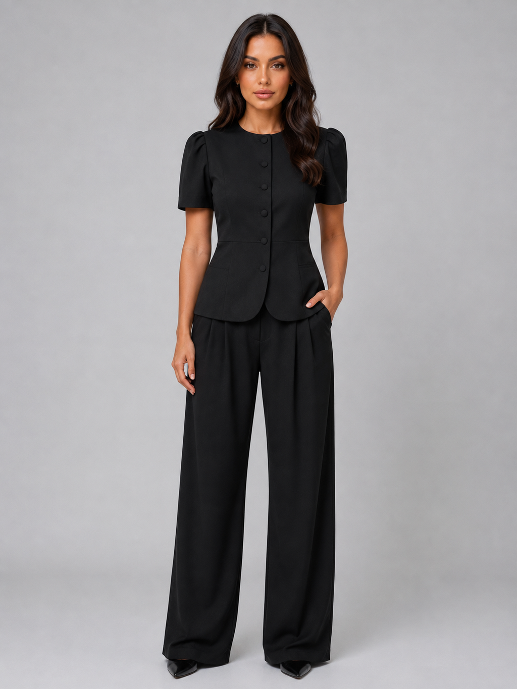 Woman wearing black short sleeve blazer with button front and matching wide leg trousers, full length front view