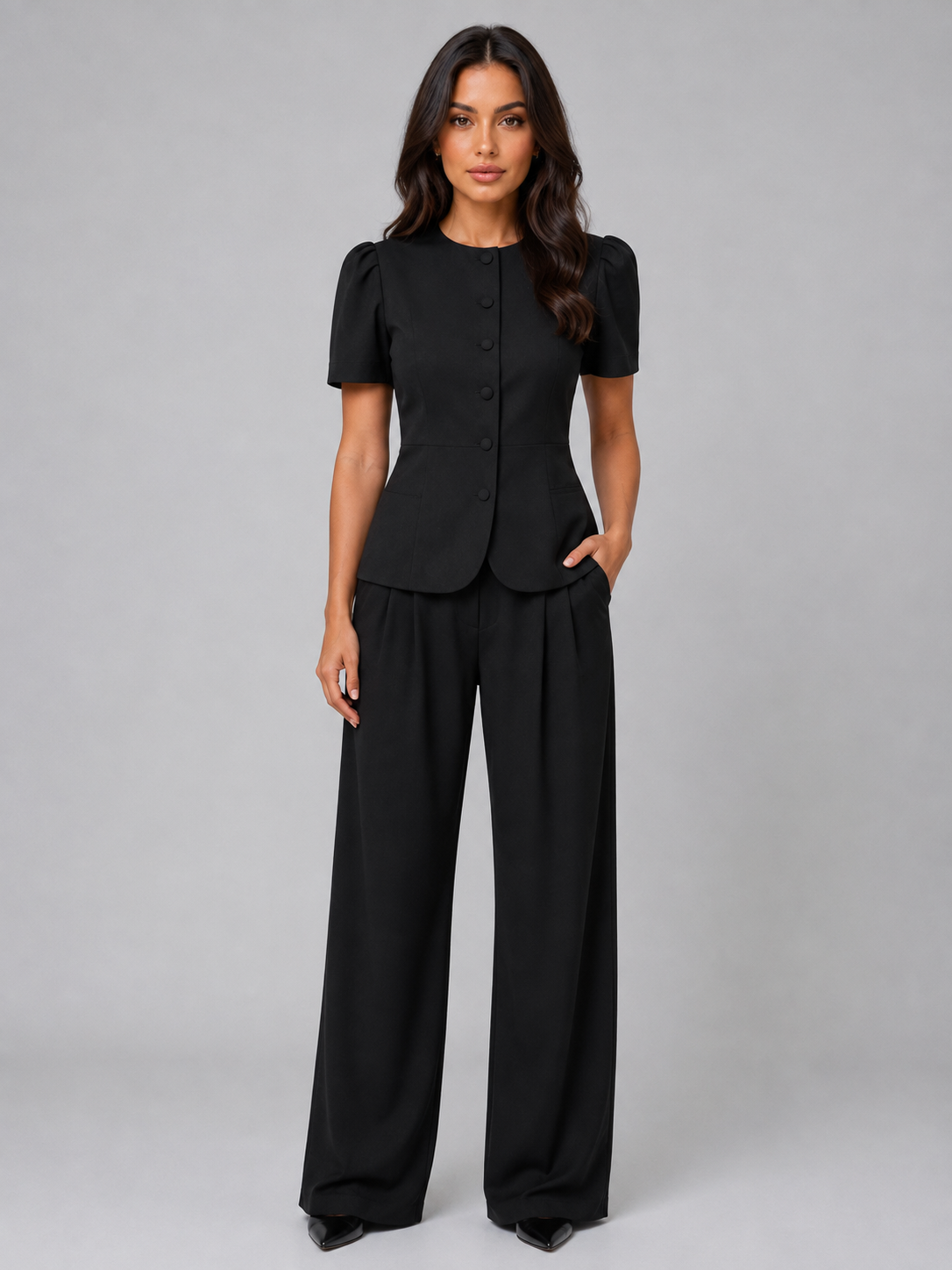 Woman wearing black short sleeve blazer with button front and matching wide leg trousers, full length front view