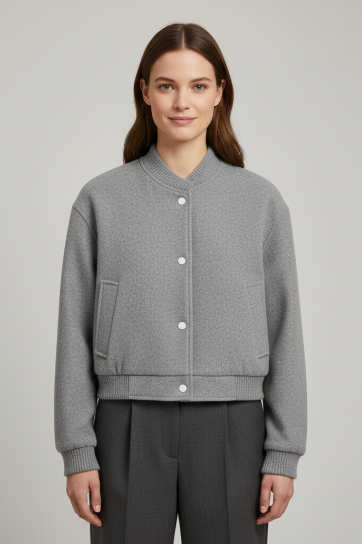 Woman wearing gray cropped snap fastening jacket with ribbed cuffs and black trousers, front view against neutral background