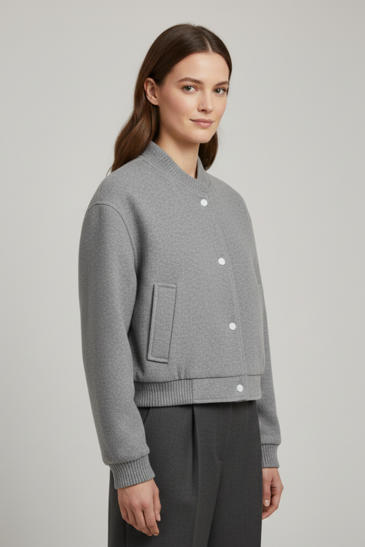 Woman wearing gray cropped snap fastening jacket with ribbed cuffs and pockets over black pants