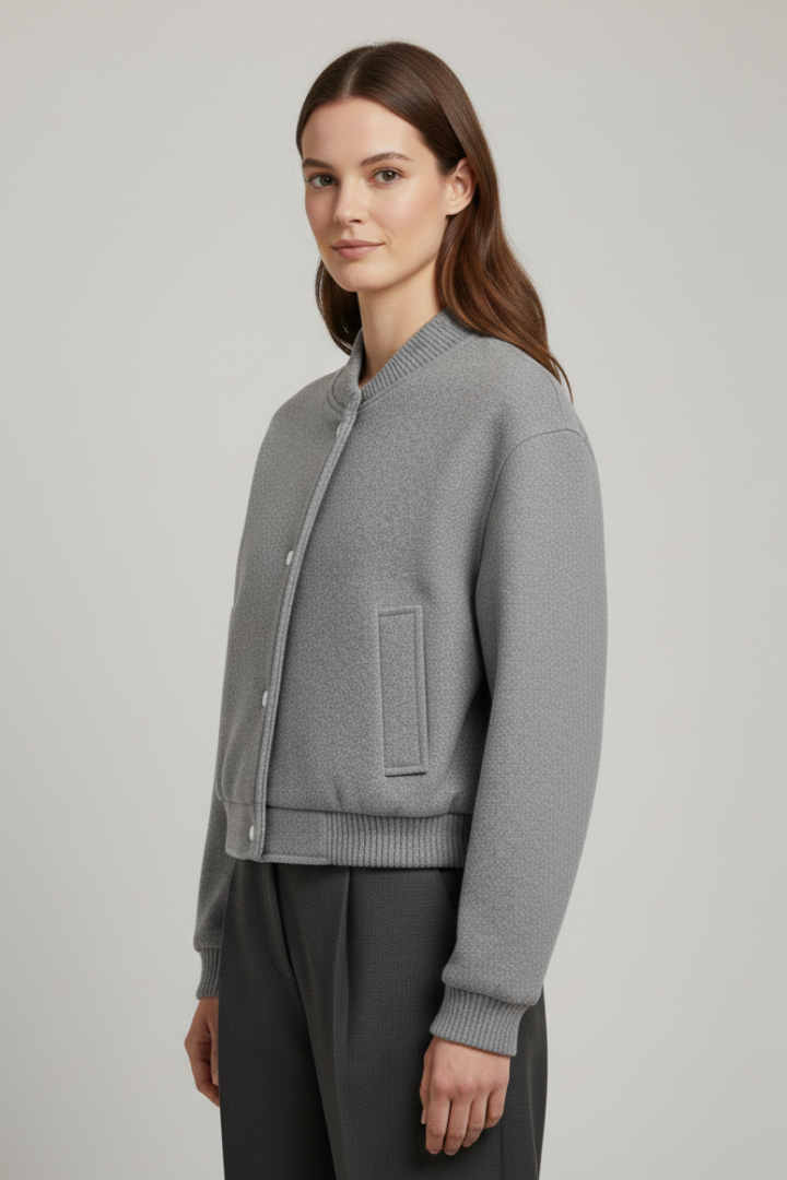 Woman wearing gray cropped snap fastening jacket with ribbed cuffs and dark pants, side view