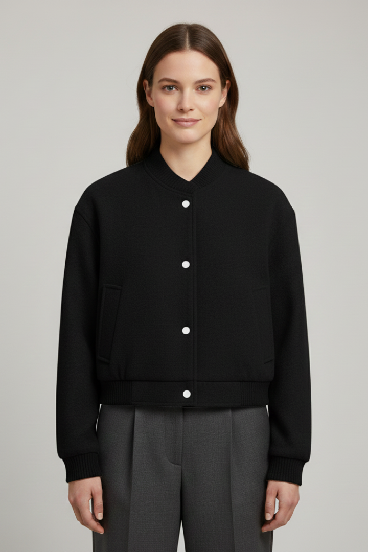 Woman wearing black cropped jacket with white snap buttons and ribbed cuffs, styled with dark gray trousers