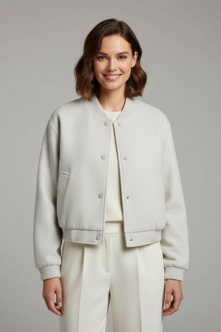Woman wearing cream cropped jacket with snap buttons and ribbed cuffs over white top with cream trousers
