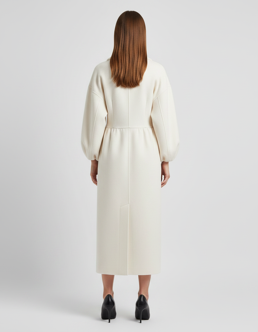 Woman wearing white double breasted maxi coat with puffed sleeves and black heeled boots, shown from back