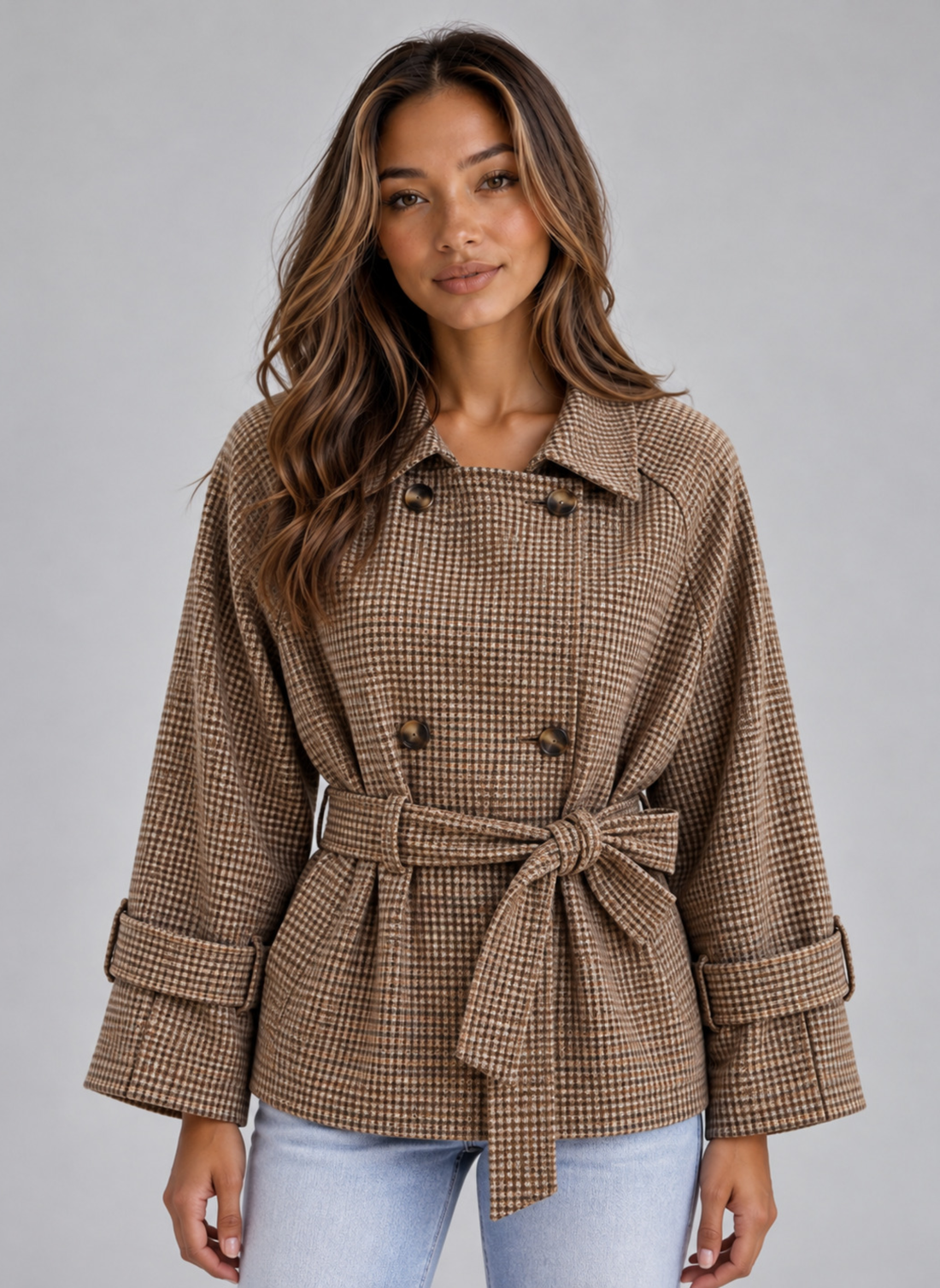 Kiley | Women's Belted Short Trench Coat – Double Breasted Check Pattern Jacket