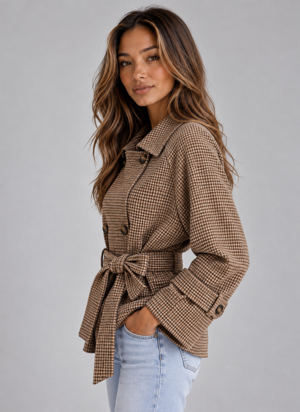 Woman wearing tan and brown houndstooth belted trench coat with double-breasted buttons over light blue jeans