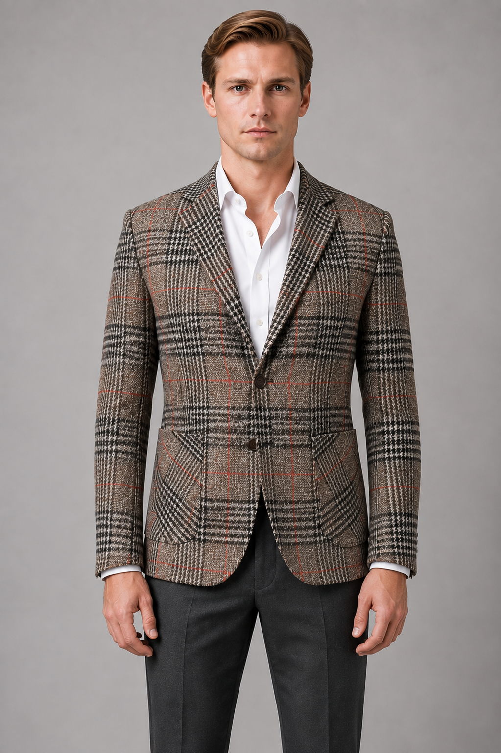 Man wearing brown plaid tweed blazer with white dress shirt and charcoal trousers, smart casual tailored jacket