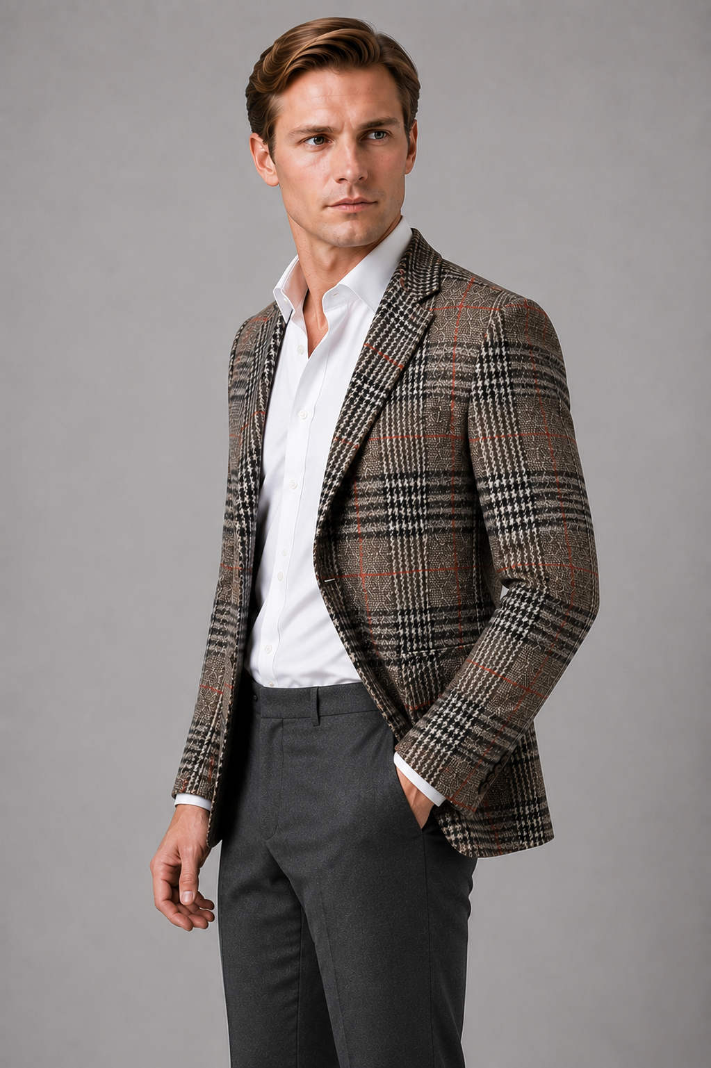 Man wearing brown plaid tweed blazer with white shirt and gray trousers in smart casual outfit