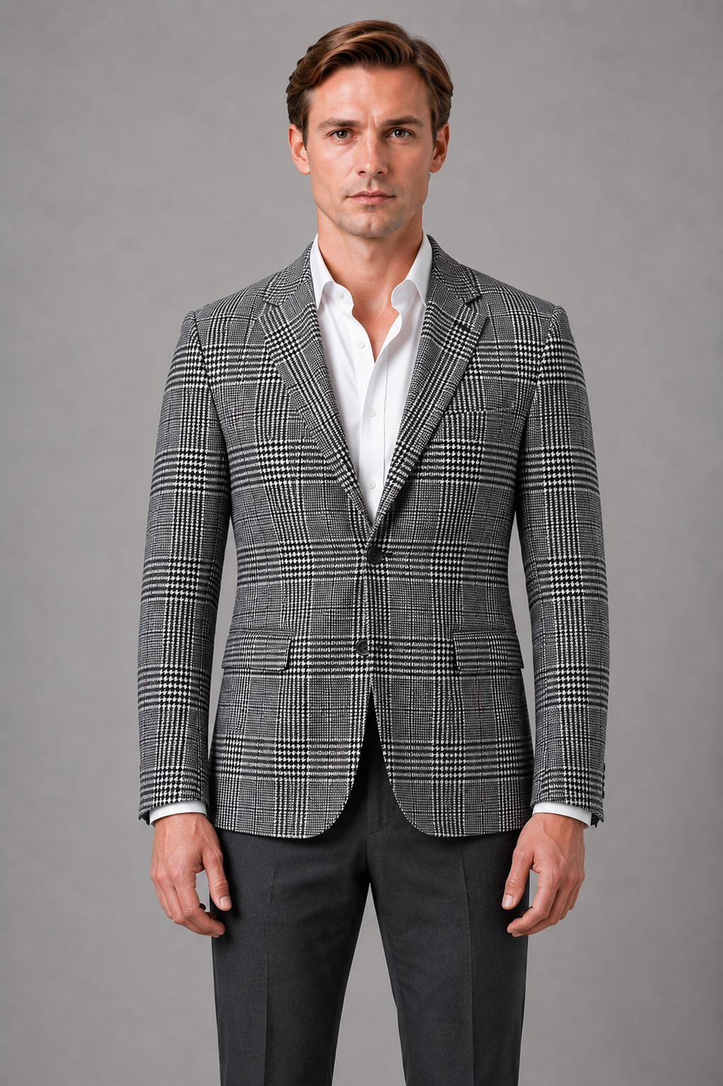Men's grey and white checked tweed blazer jacket worn with white dress shirt and dark trousers, frontal view on neutral background
