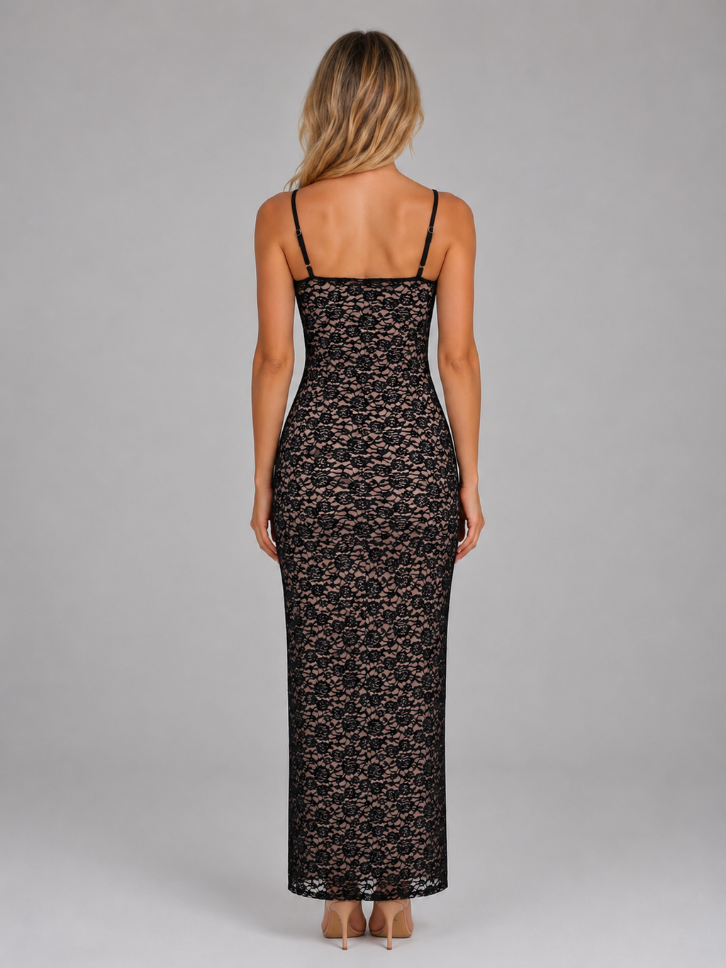 Black lace bodycon maxi dress with thin straps, shown from back view on gray background