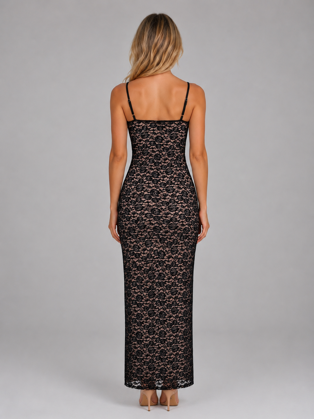 Black lace bodycon maxi dress with thin straps, shown from back view on gray background