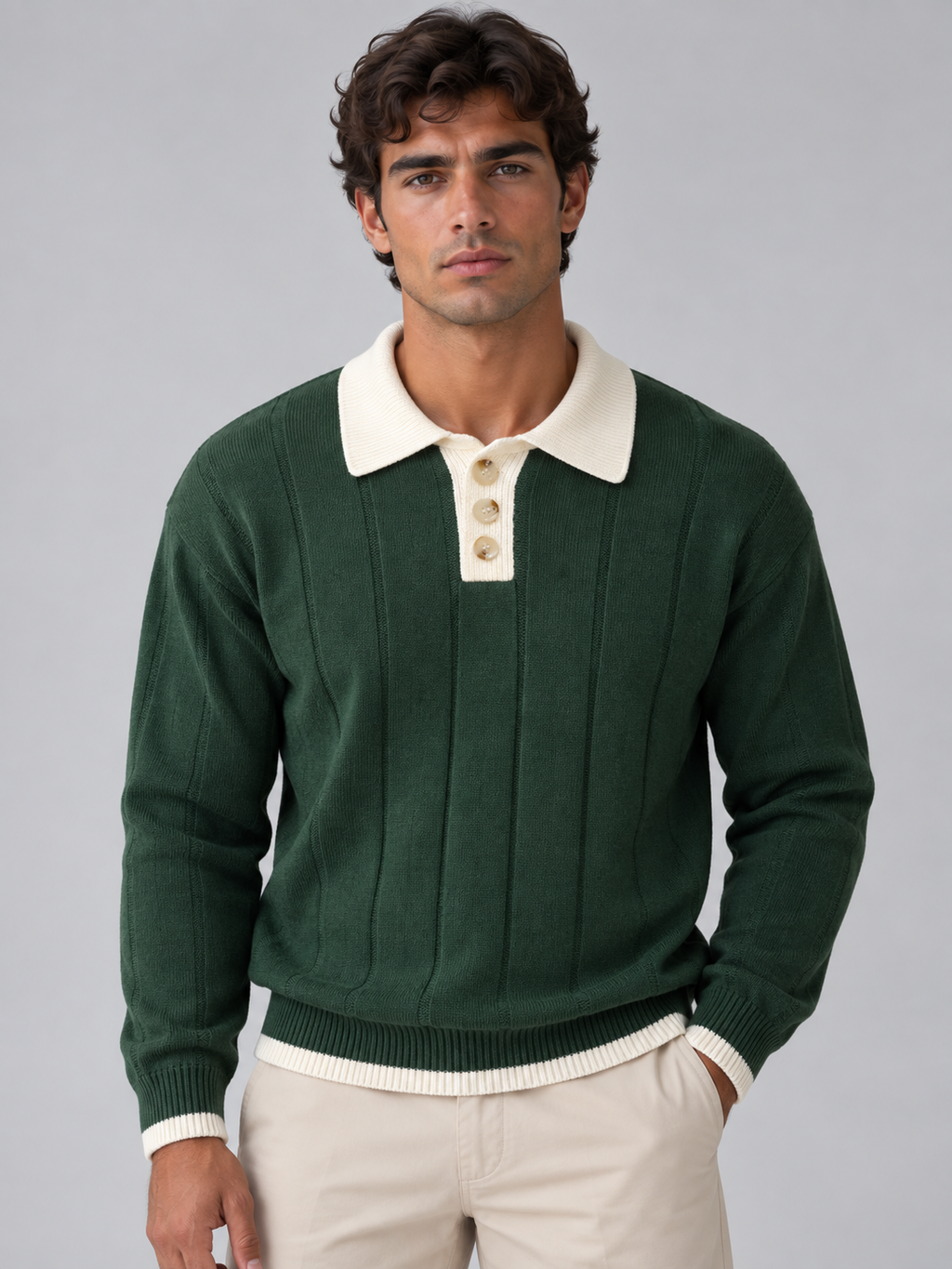 Man wearing green ribbed knit polo jumper with cream contrast collar and button neck, paired with cream chinos