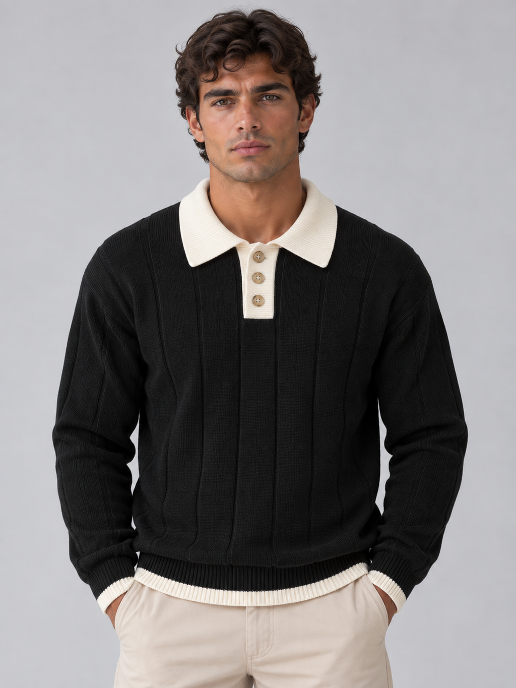 Black ribbed knit polo jumper with cream contrast collar and button neck detail, worn by man with beige trousers