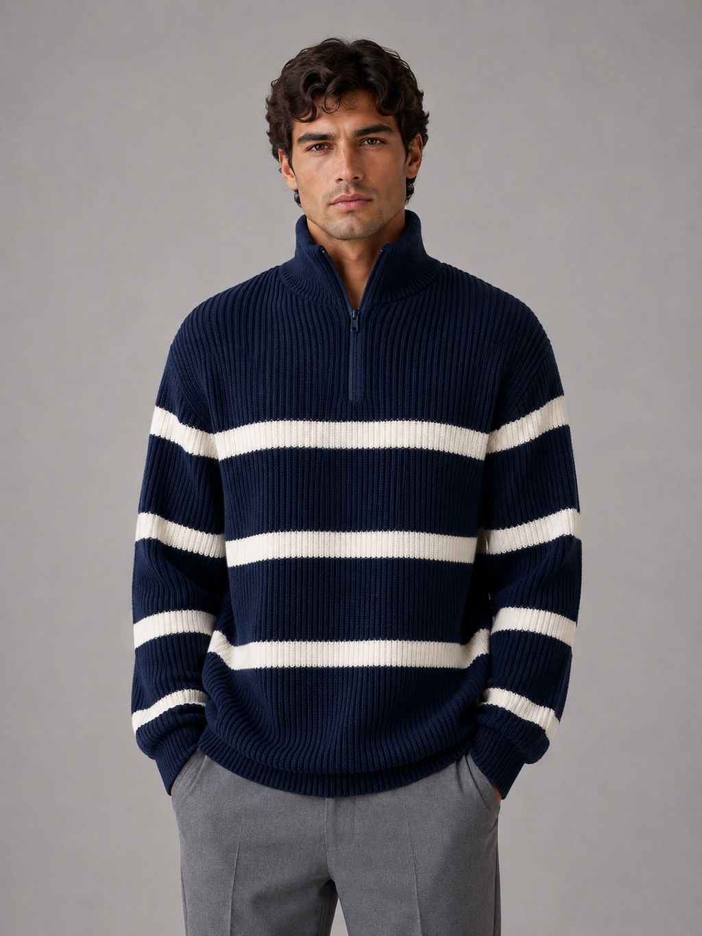 Men's oversized ribbed knit pullover in navy with white horizontal stripes, half zip collar, styled with grey trousers