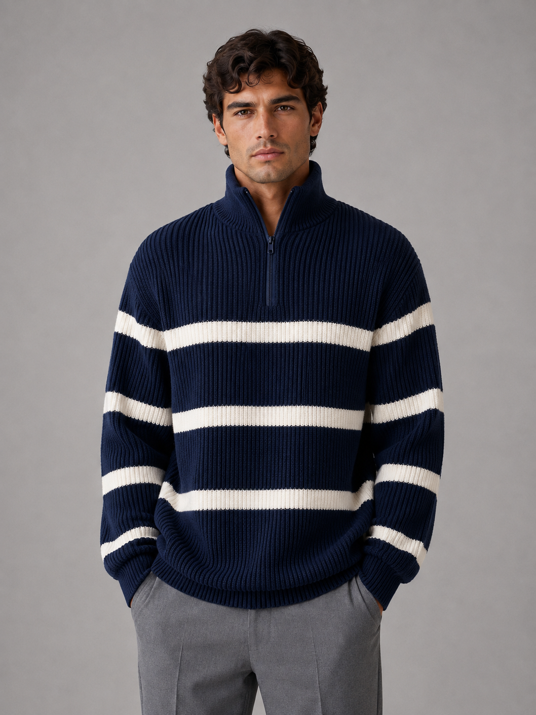 Men's oversized ribbed knit pullover in navy with white horizontal stripes, half zip collar, styled with grey trousers