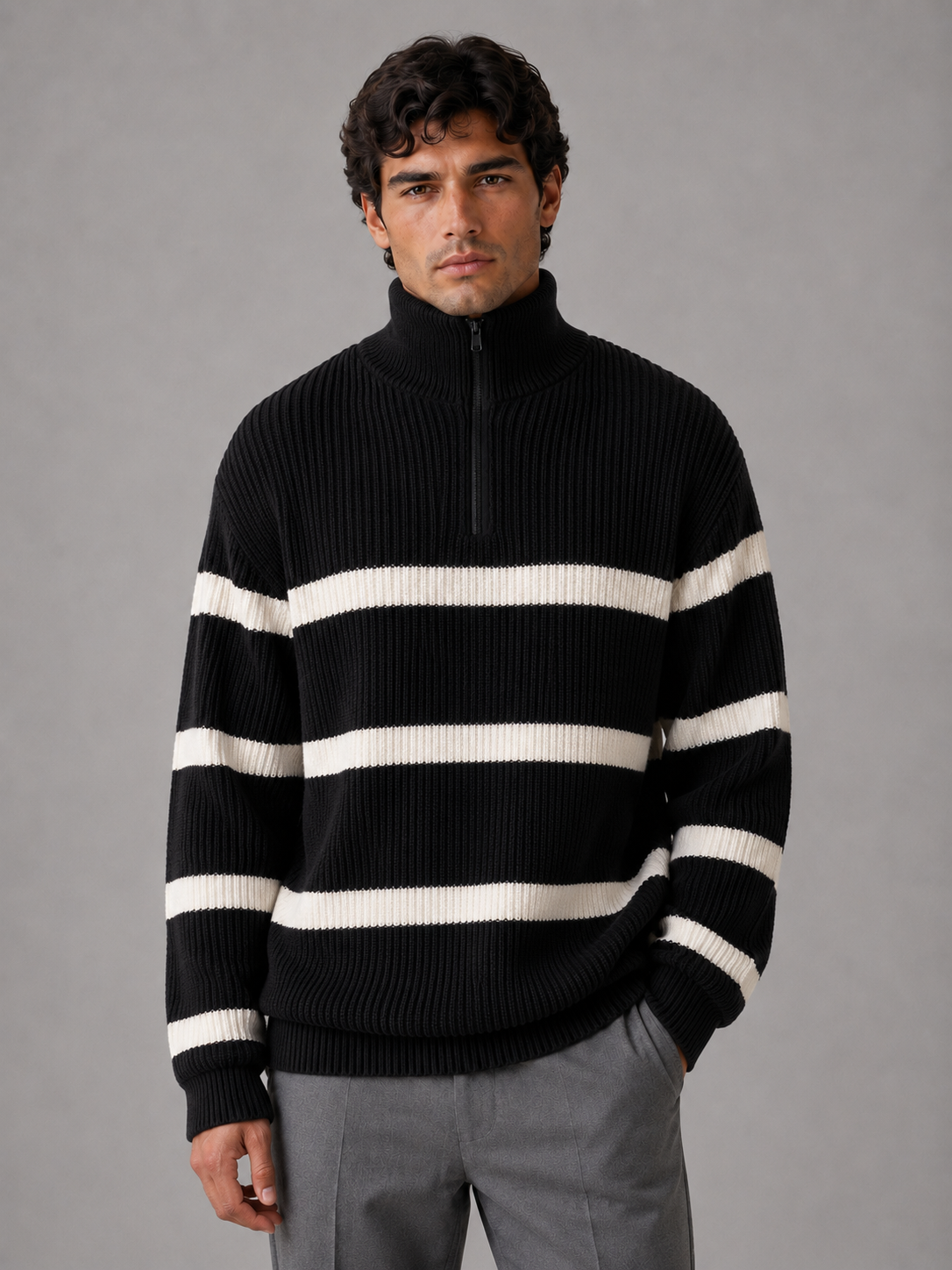 Man wearing black and cream striped ribbed half zip pullover with gray trousers against gray background