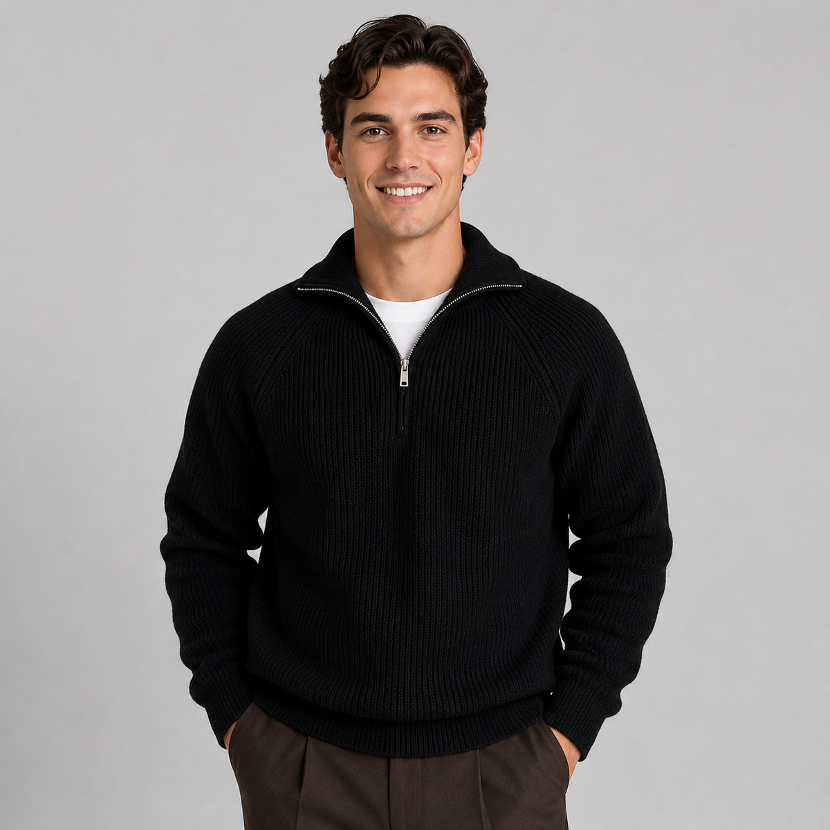 Man wearing black quarter-zip ribbed knit sweater with white undershirt and brown pants, smiling at camera