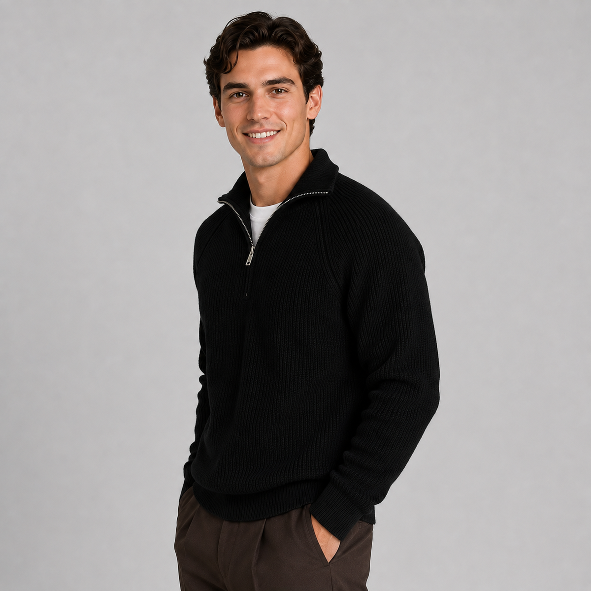 Man wearing black quarter-zip knitted sweater with white undershirt and brown pants, smiling at camera against gray background