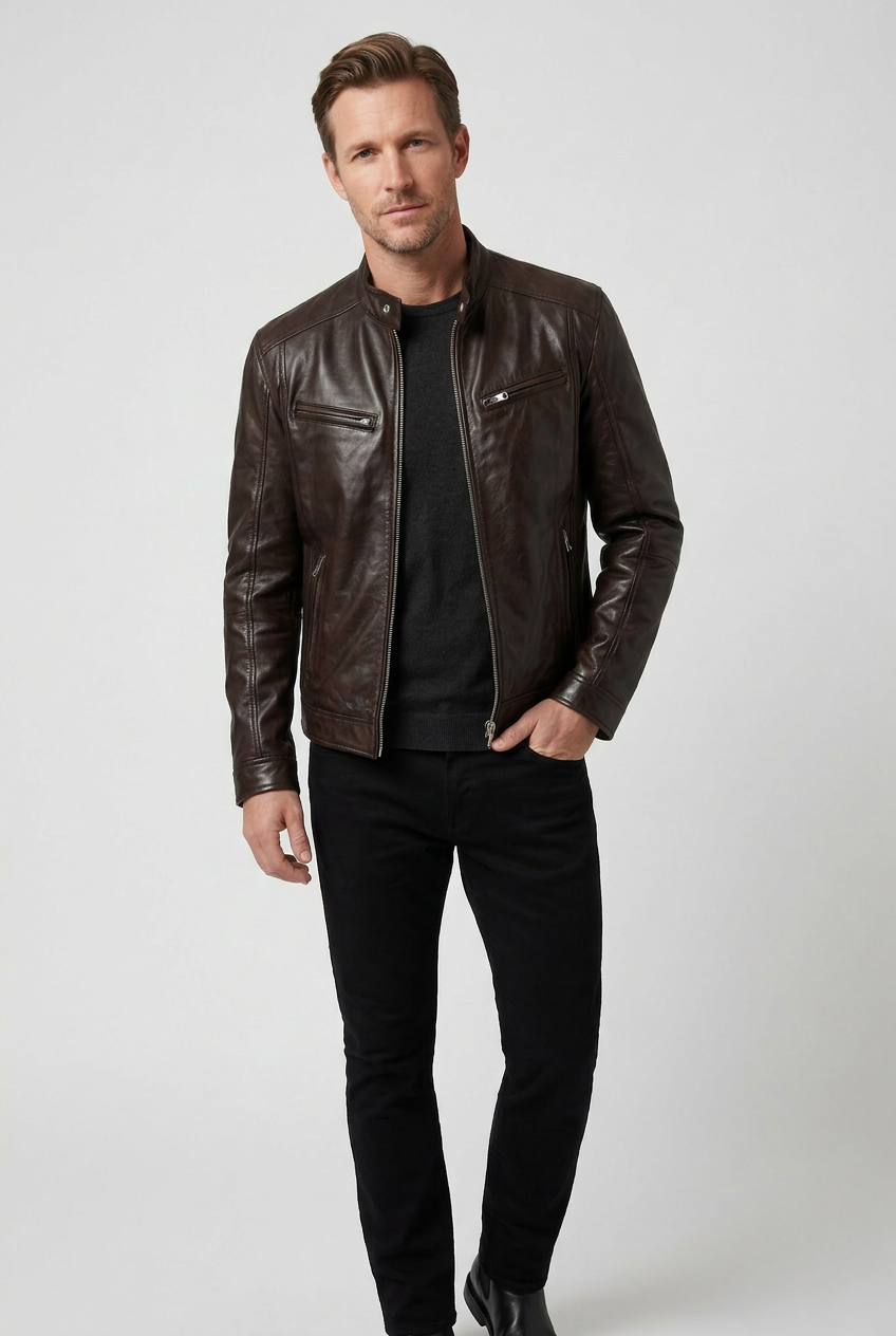 Man wearing dark brown leather jacket with zip pockets over black shirt and black pants against light gray background