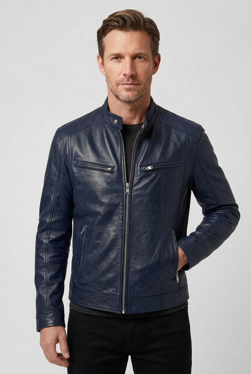 Man wearing dark navy leather jacket with zip pockets and black pants against white background