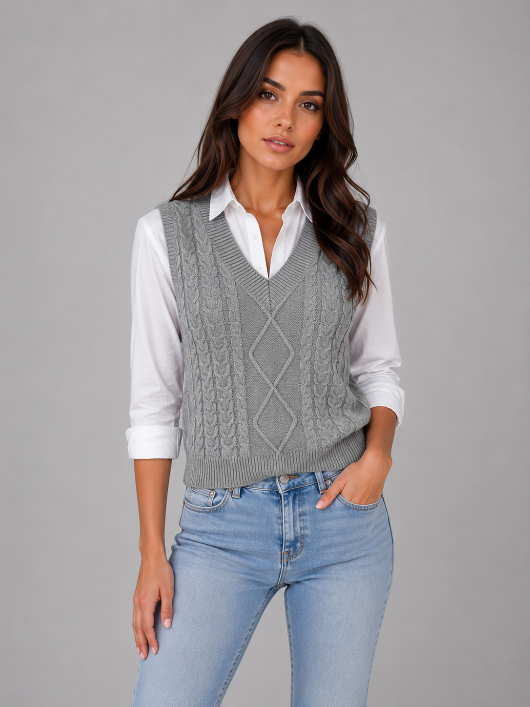 Woman wearing gray cable knit sleeveless sweater vest over white collared shirt with light blue jeans