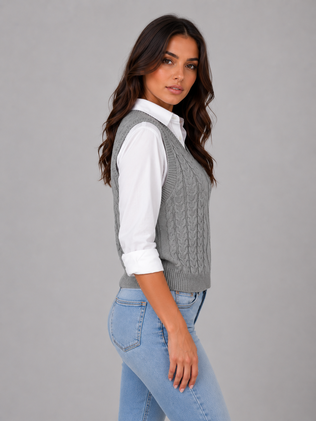 Woman wearing gray cable knit sleeveless vest over white collared shirt with light blue jeans, side view