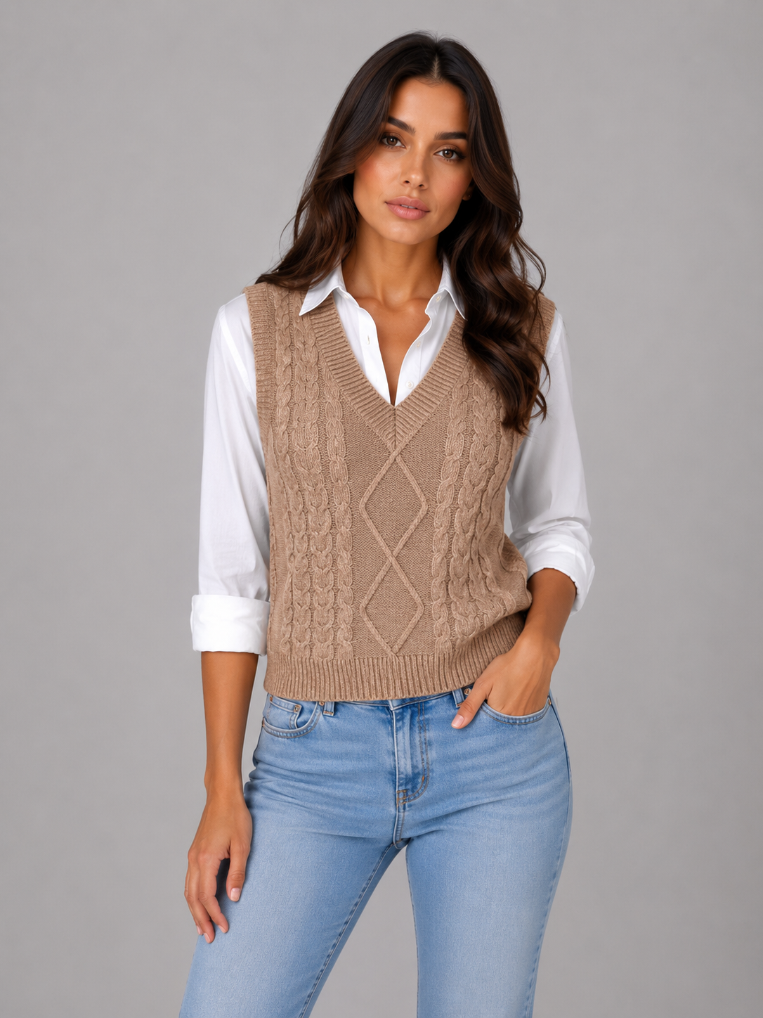Woman wearing beige cable knit v-neck sleeveless sweater vest over white button-up shirt with light blue jeans