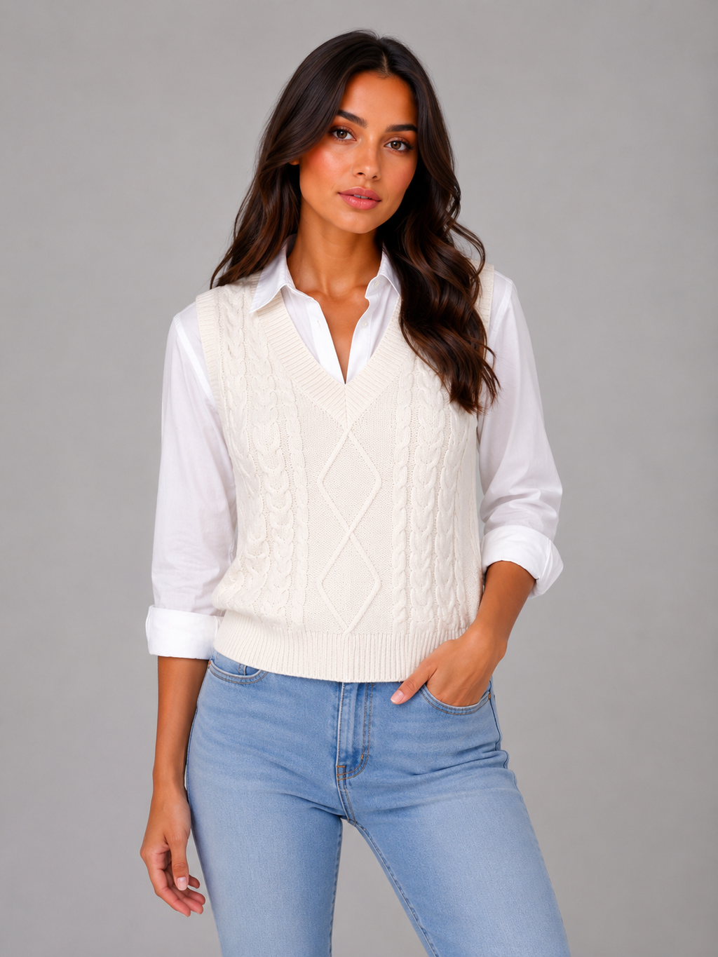 Woman wearing cream cable knit sleeveless vest over white collared shirt with light blue jeans