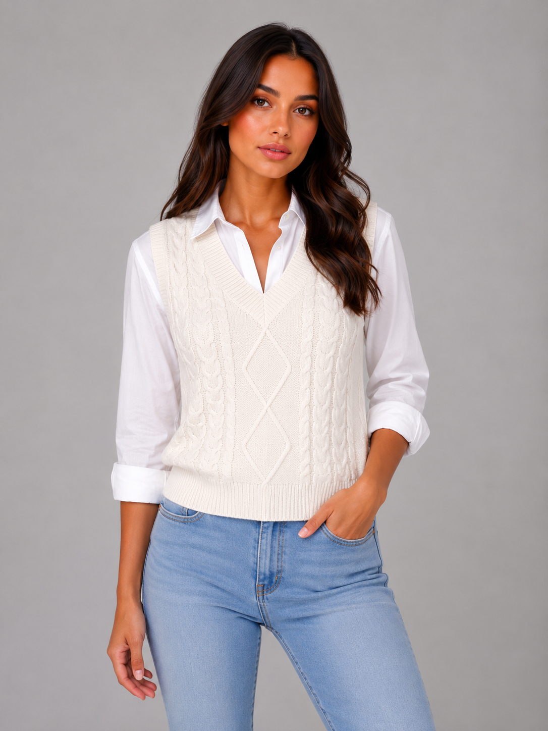 Woman wearing cream cable knit sleeveless vest over white collared shirt with light blue jeans