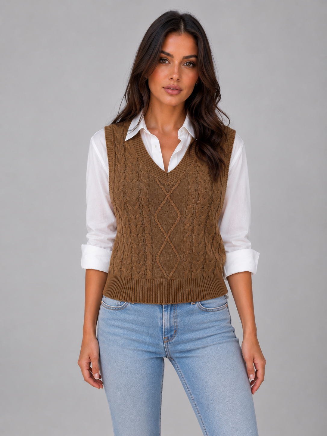 Woman wearing brown cable knit V-neck sleeveless sweater vest over white collared shirt with light blue jeans